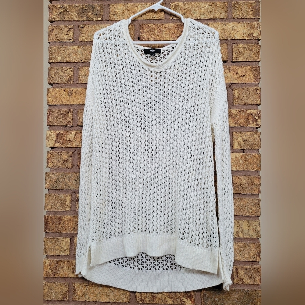 Mossimo Cream Oversized Knit Sweater Sheer Crochet Pullover Size Large